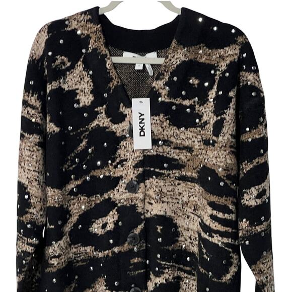 DKNY WOMENS MEDIUM PRINTED BUTTON-FRONT CHENILLE CARDIGAN SWEATER BROWN NEW - Picture 7 of 14